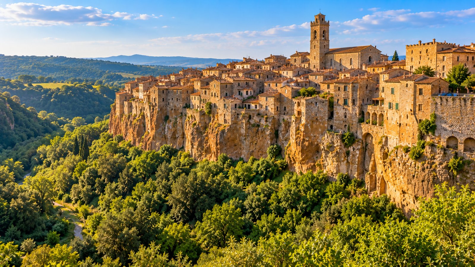 Il borgo di Pitigliano costruito sulla rupe di tufo, con le case che sembrano uscire dalla roccia sopra la valle verde