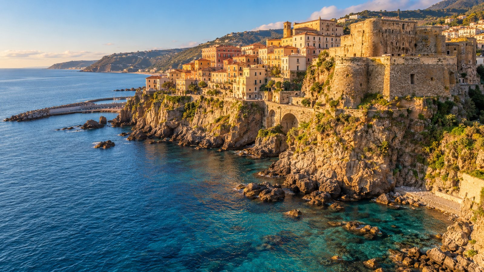 Il borgo di Pizzo sulla rupe a picco sul mar Tirreno, con il castello aragonese e le case affacciate sul mare, nella luce dorata del tardo pomeriggio