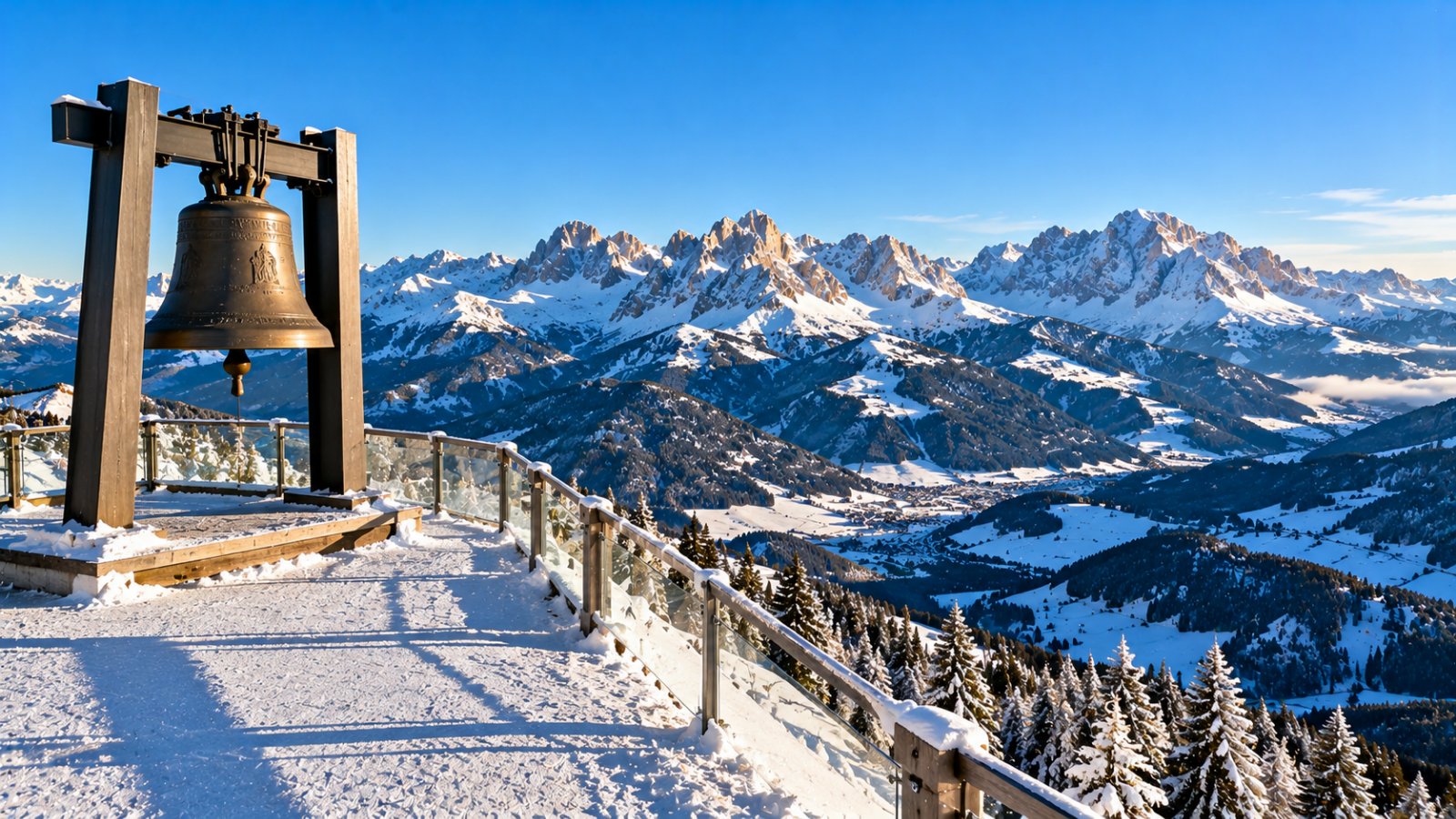 La cima arrotondata di Plan de Corones innevata al mattino, con la grande campana di bronzo su una piattaforma e le Dolomiti sullo sfondo sotto un cielo limpido
