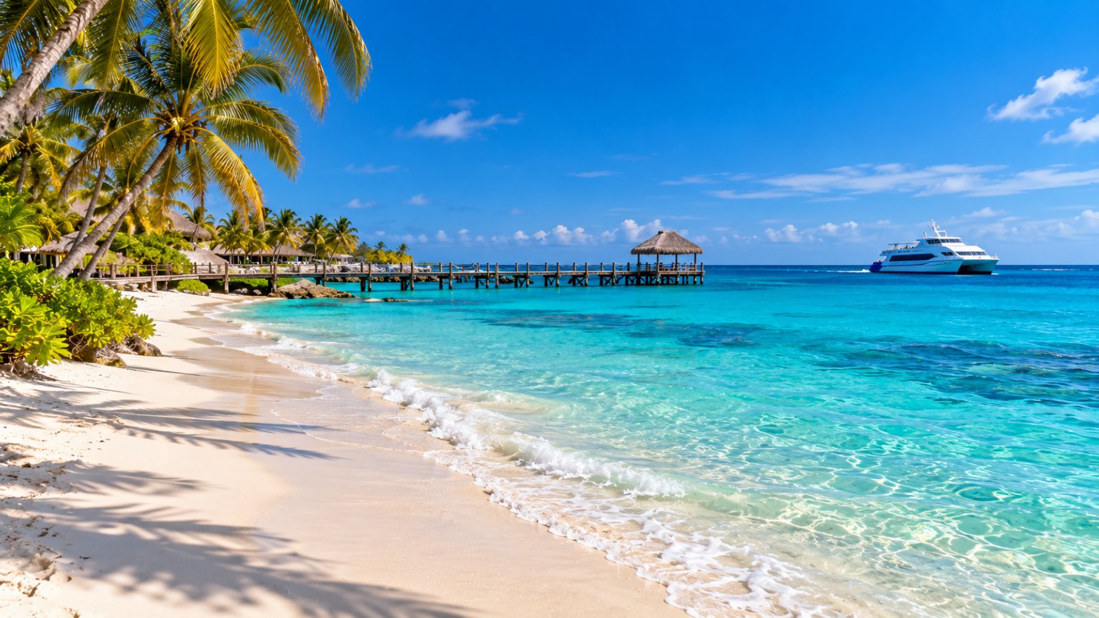 Una spiaggia caraibica con sabbia chiara e palme, un molo di legno e un traghetto bianco al largo sul mare turchese