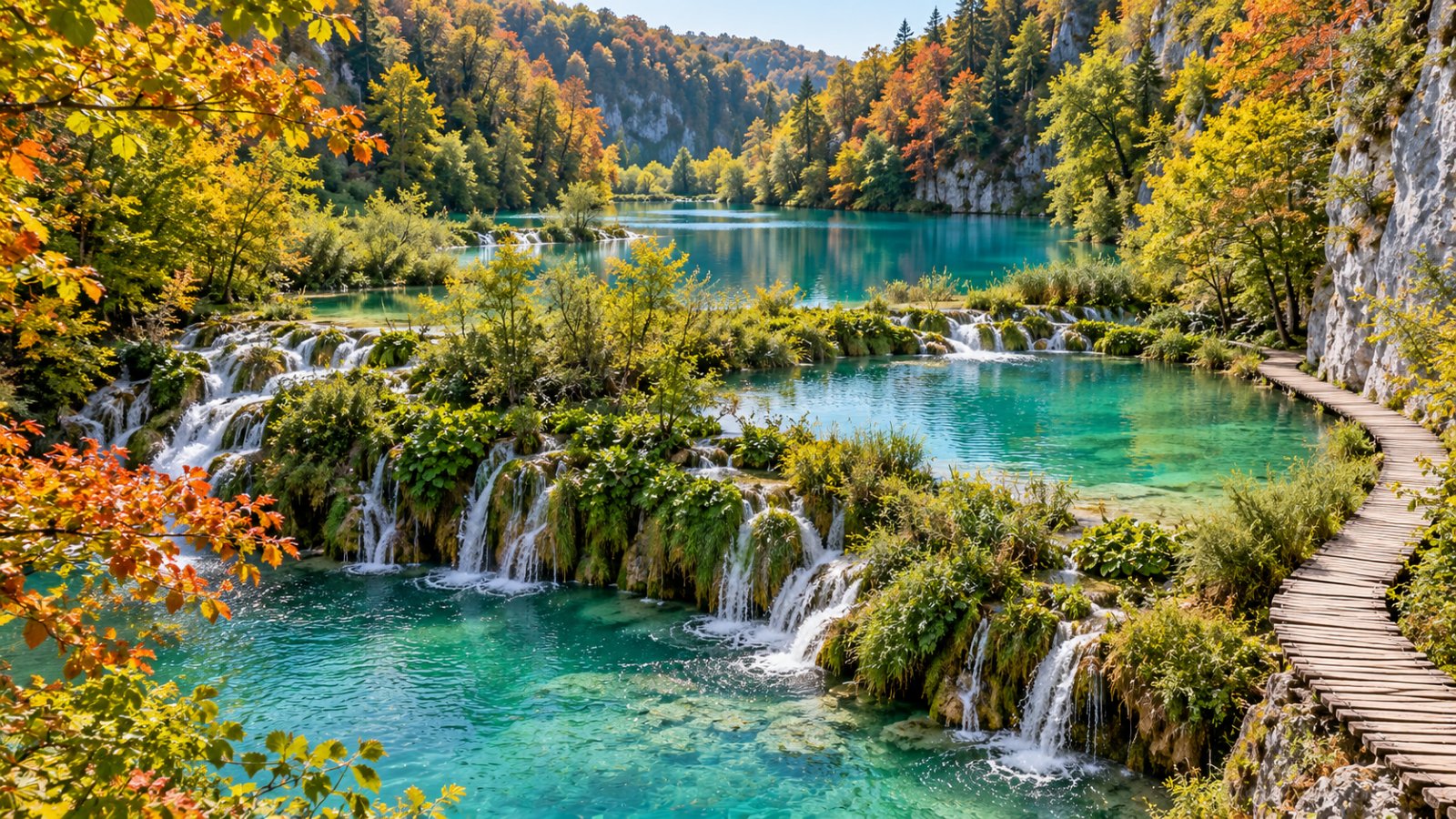 I Laghi di Plitvice con le piccole cascate tra le barriere di travertino, i laghi turchesi e una passerella di legno tra i boschi in autunno