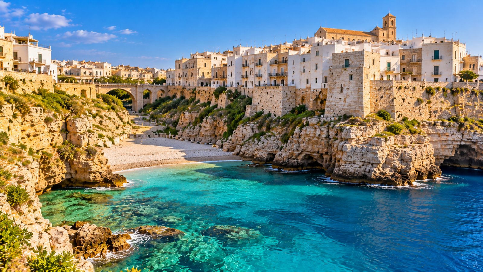Polignano a Mare, case bianche sulla scogliera a picco sul mare e la spiaggetta di Lama Monachile tra le rocce, con acqua turchese