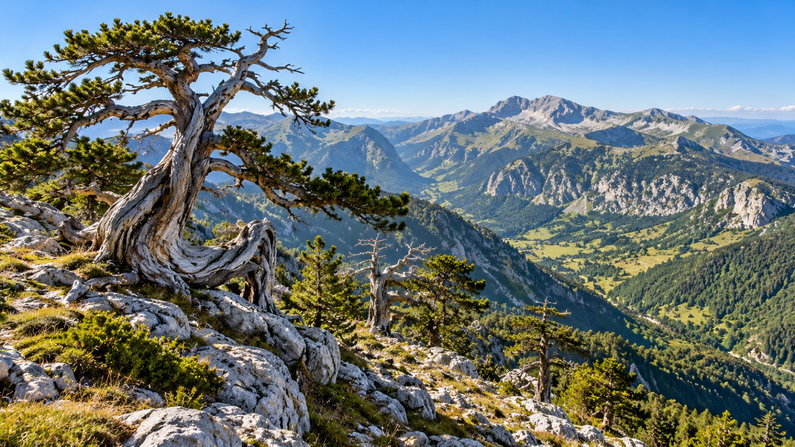 Antichi pini loricati dai tronchi contorti aggrappati alle rocce calcaree d'alta quota del Pollino, con le creste e le valli che si aprono sotto