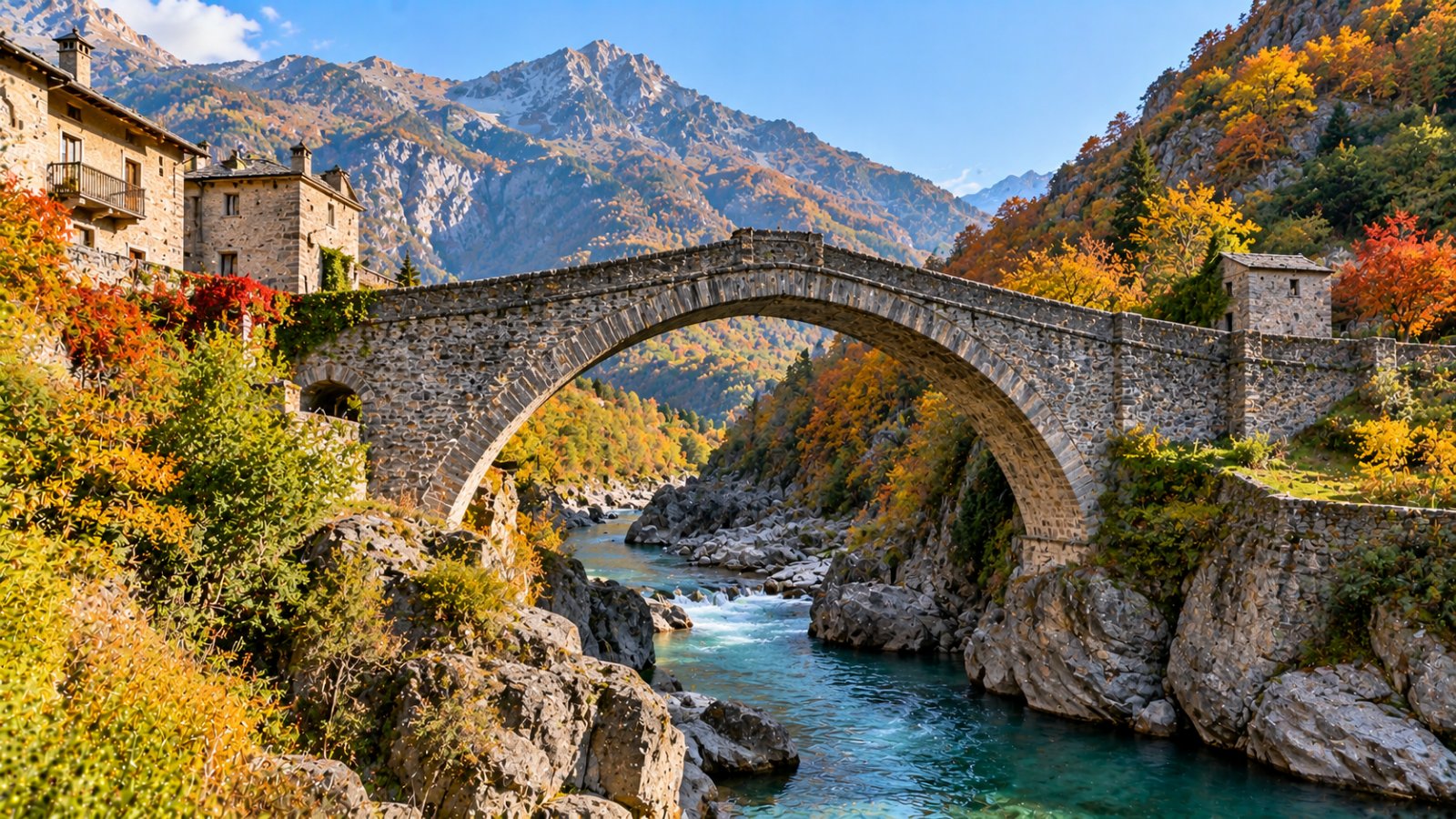Il ponte romano di Pont-Saint-Martin, una grande arcata in pietra sopra il torrente Lys, con le case del paese e i pendii boscosi intorno in una giornata d'autunno