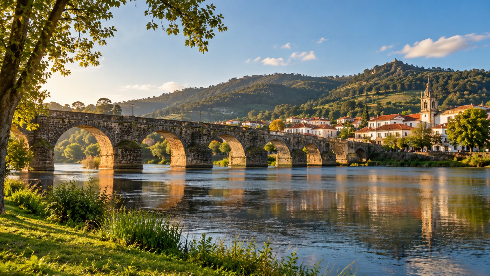 Un lungo ponte medievale di pietra ad archi sul fiume Lima, con le case bianche di un paese e le colline verdi sullo sfondo, nella luce calda del pomeriggio