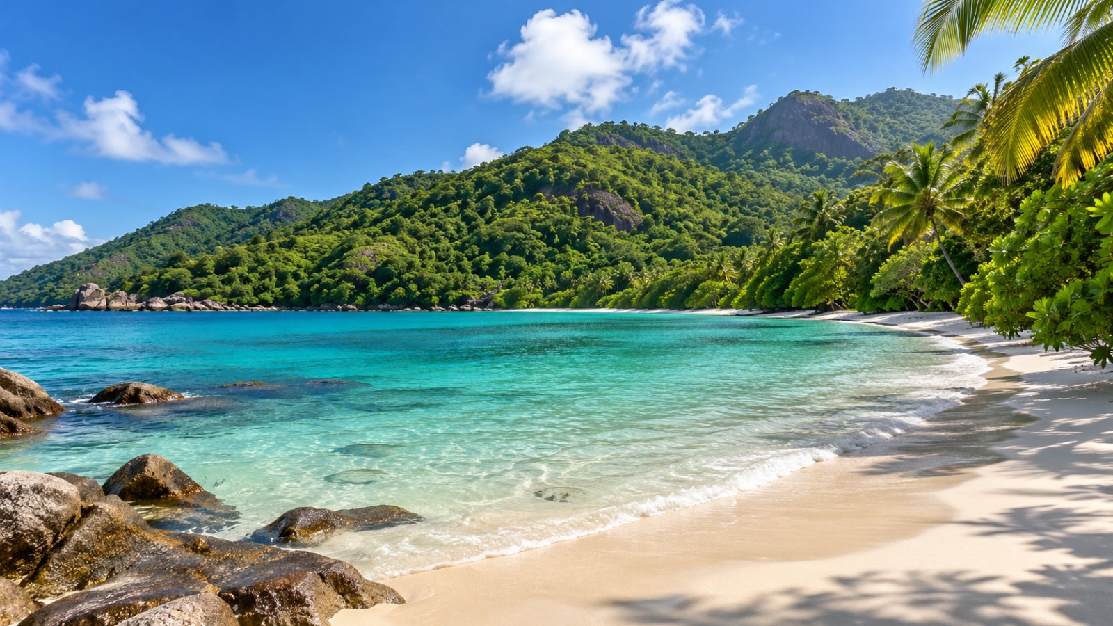 La baia di Port Launay sulla costa ovest di Mahé, spiaggia bianca tra colline coperte di foresta e mare calmo turchese