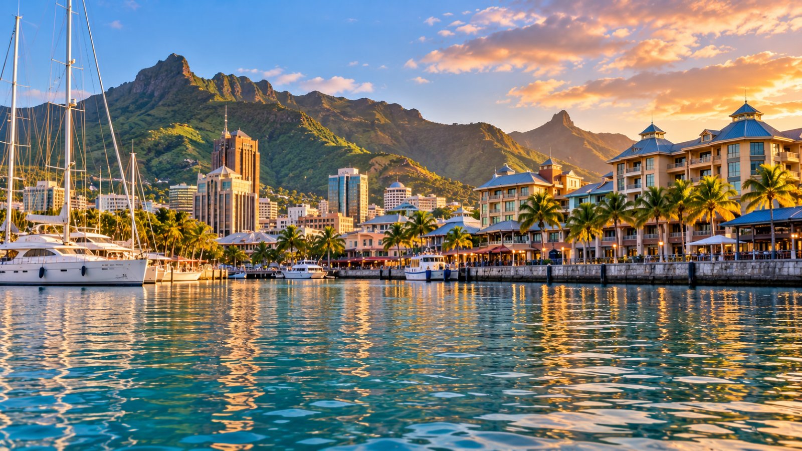 Il porto di Port Louis con il lungomare del Caudan Waterfront, le palme e le montagne verdi che circondano la città