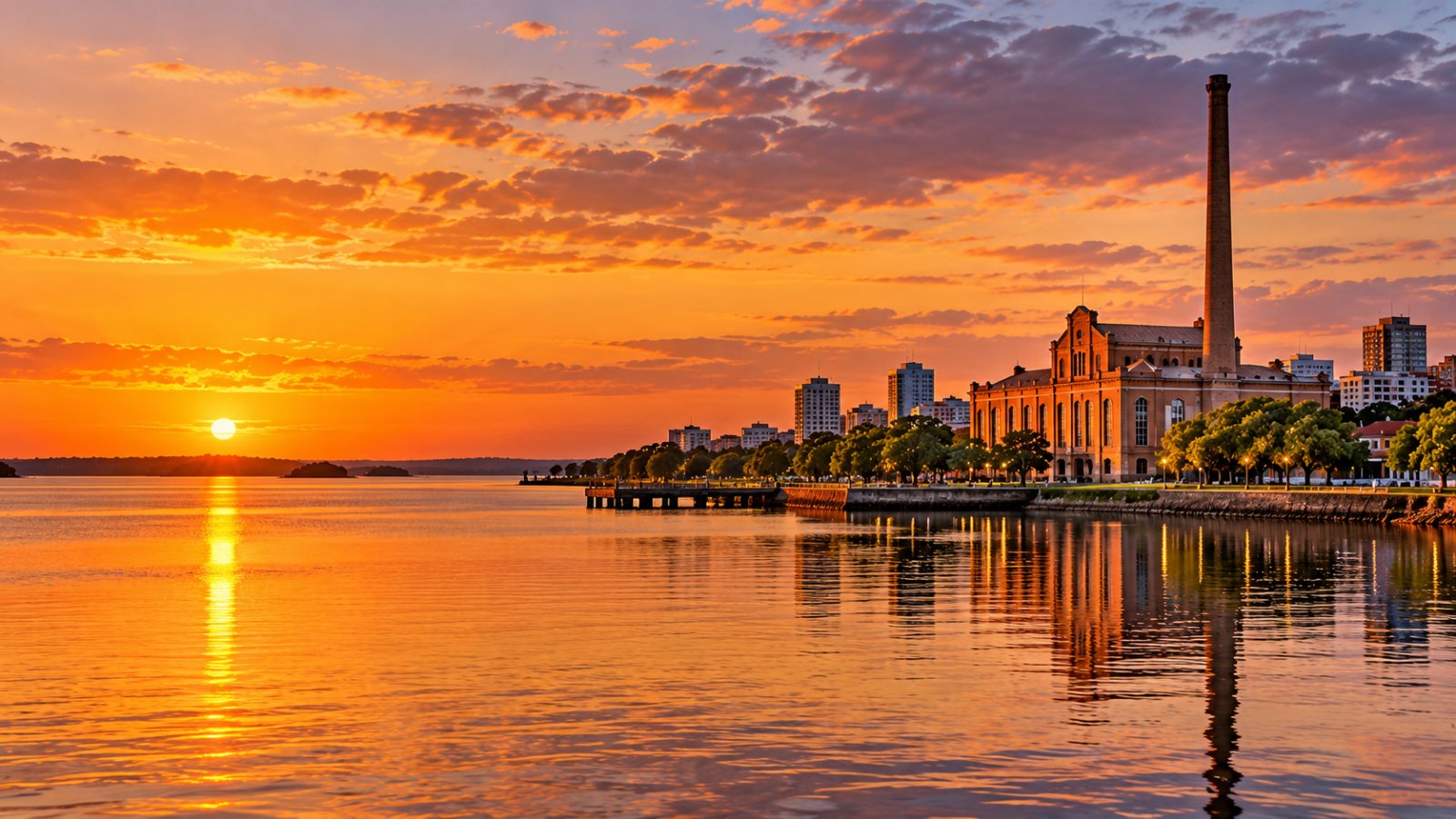 Il lungolago di Porto Alegre sul Guaíba al tramonto, con la vecchia ciminiera in mattoni dell'Usina do Gasômetro e il cielo arancione riflesso sull'acqua calma