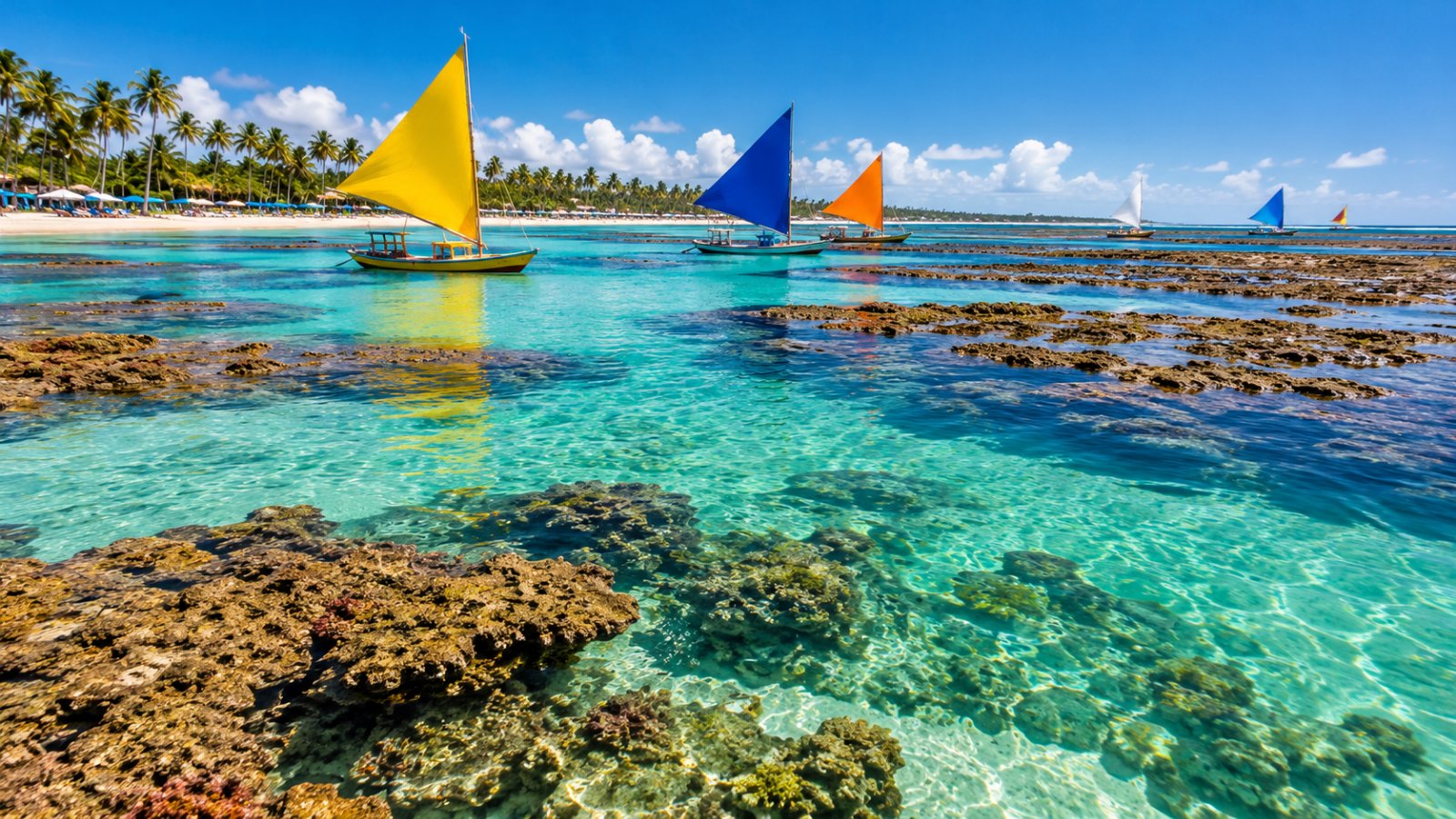 Le piscine naturali di Porto de Galinhas con la bassa marea: acqua turchese e trasparente tra le barriere coralline, jangadas colorate con le vele e la spiaggia di palme da cocco sullo sfondo