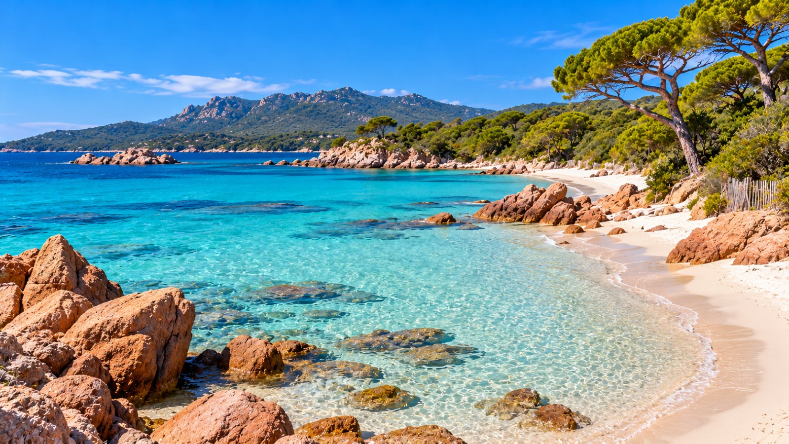 La spiaggia di Palombaggia con la sabbia bianca, i pini marittimi e gli scogli rossi di porfido sull'acqua turchese