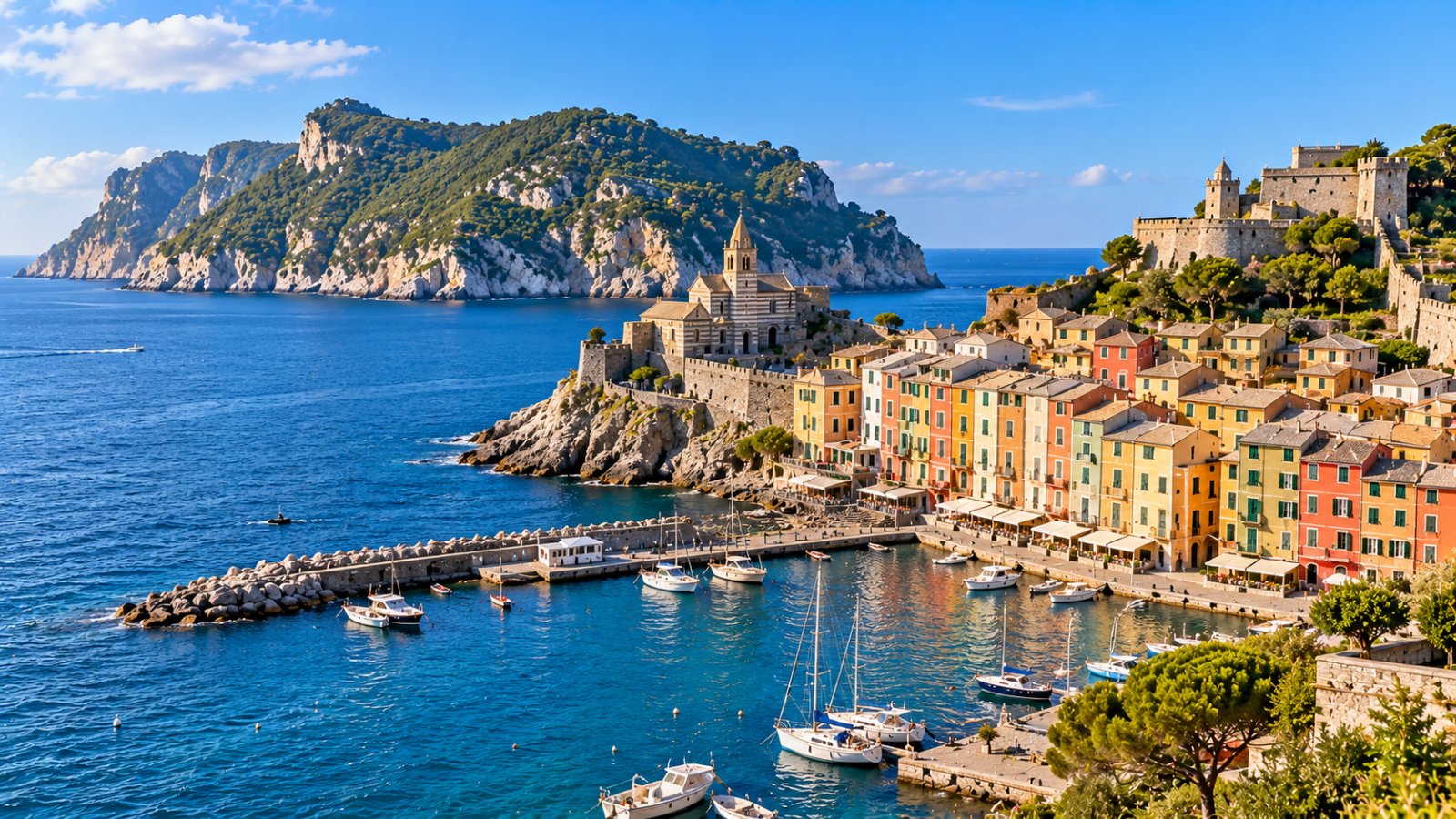 Le case colorate di Portovenere sul mare con la chiesa di San Pietro sullo scoglio e l'isola Palmaria di fronte