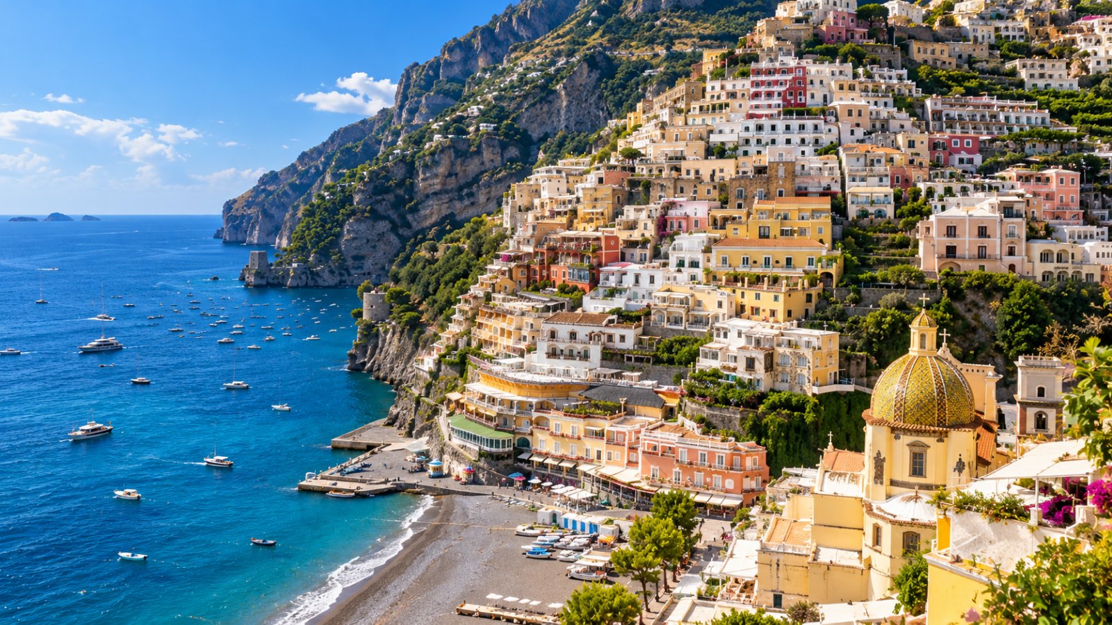 Positano, le case colorate a cascata sulla montagna fino alla spiaggia, con la cupola maiolicata e il mare blu