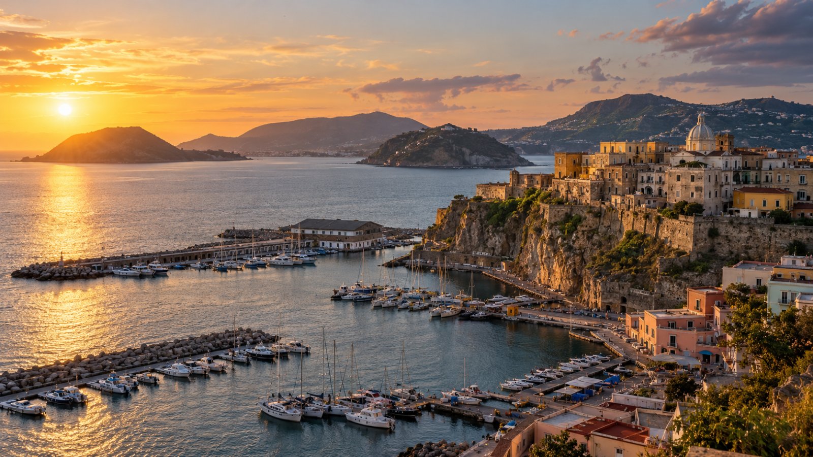 Il porto di Pozzuoli e il Rione Terra sul promontorio sul mare, con il golfo e le colline vulcaniche dei Campi Flegrei nella luce del tardo pomeriggio