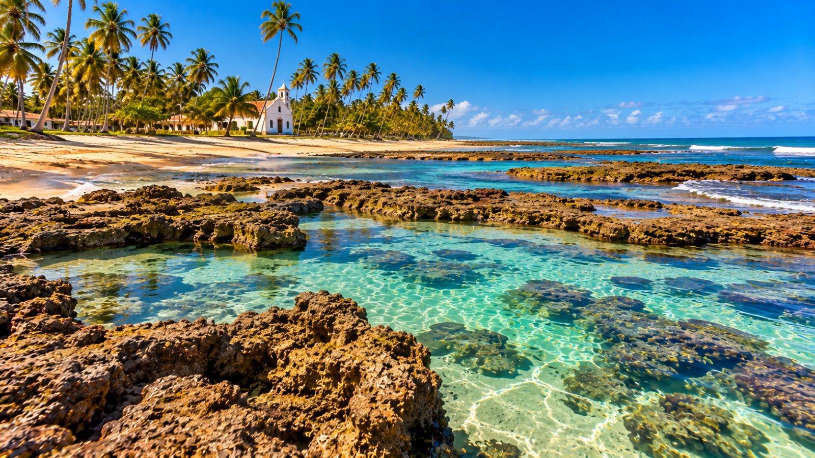 La spiaggia di Praia do Forte con le piscine naturali tra gli scogli, palme da cocco e una piccola chiesa bianca sullo sfondo