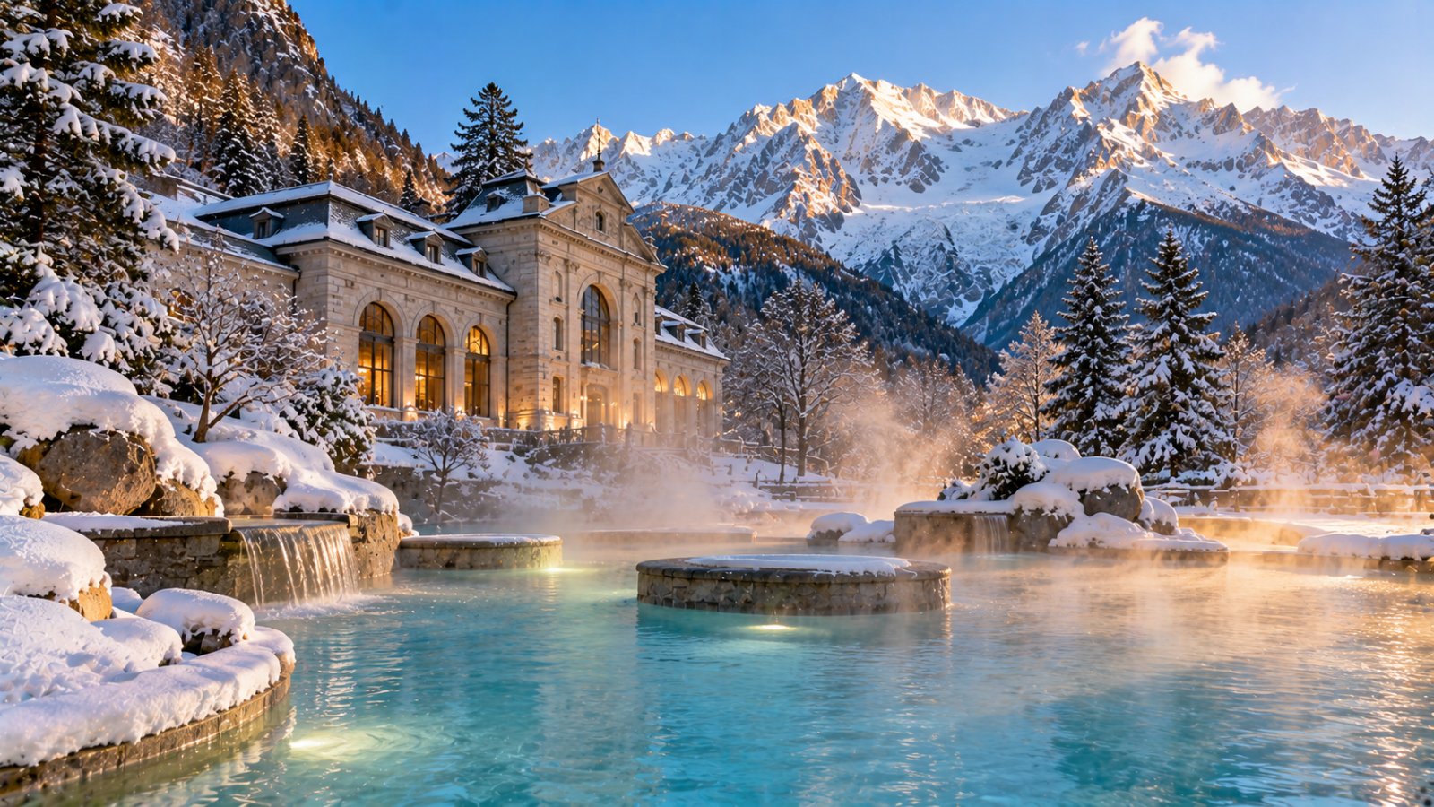 Le piscine termali all'aperto di Pré-Saint-Didier fumanti nella neve, con lo storico edificio delle terme e la catena del Monte Bianco innevata sullo sfondo