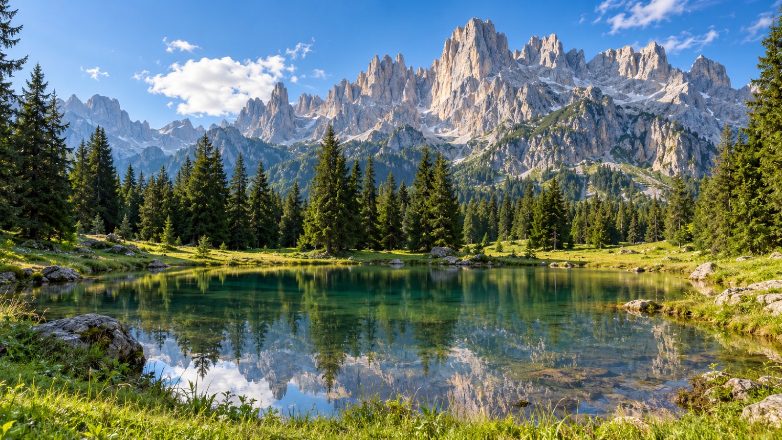 La Val Canali con un prato verde e un laghetto alpino circondato da abeti, sotto le pareti chiare delle Pale di San Martino in una mattina d'estate