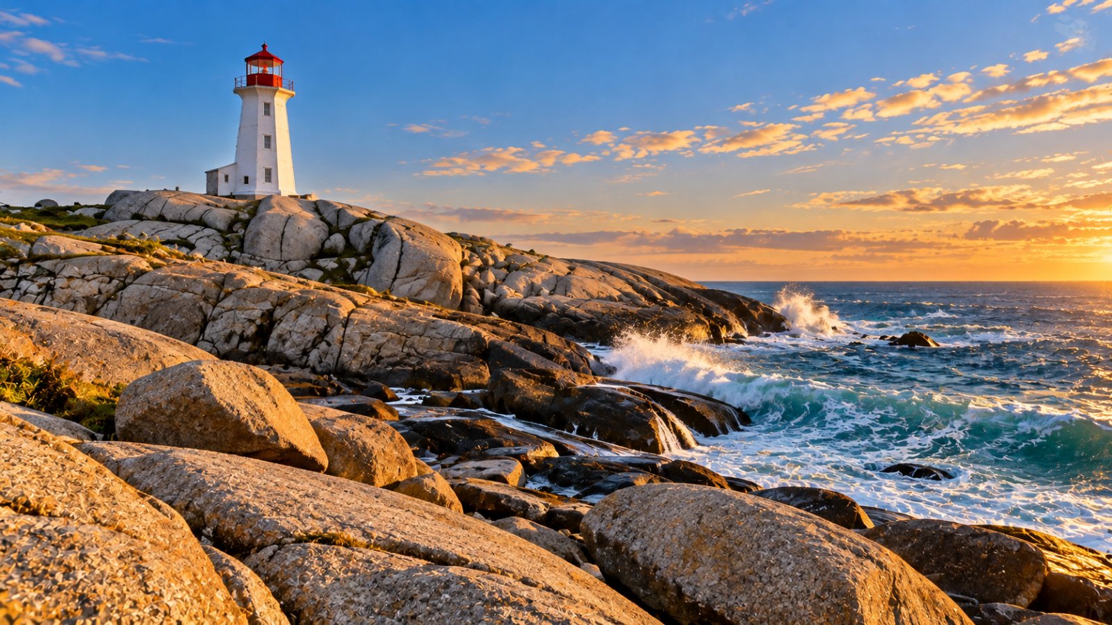 Il faro bianco e rosso di Peggy's Cove sulle rocce di granito levigate dall'oceano, in Nuova Scozia, nella luce calda del tardo pomeriggio