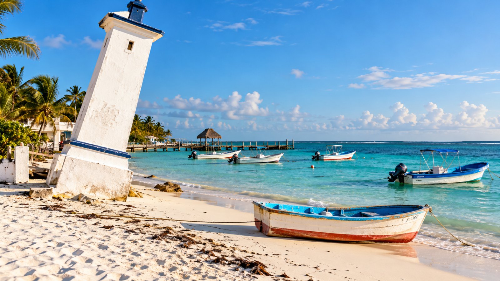 Il faro inclinato sulla spiaggia di Puerto Morelos, con le barche da pesca e il mare turchese
