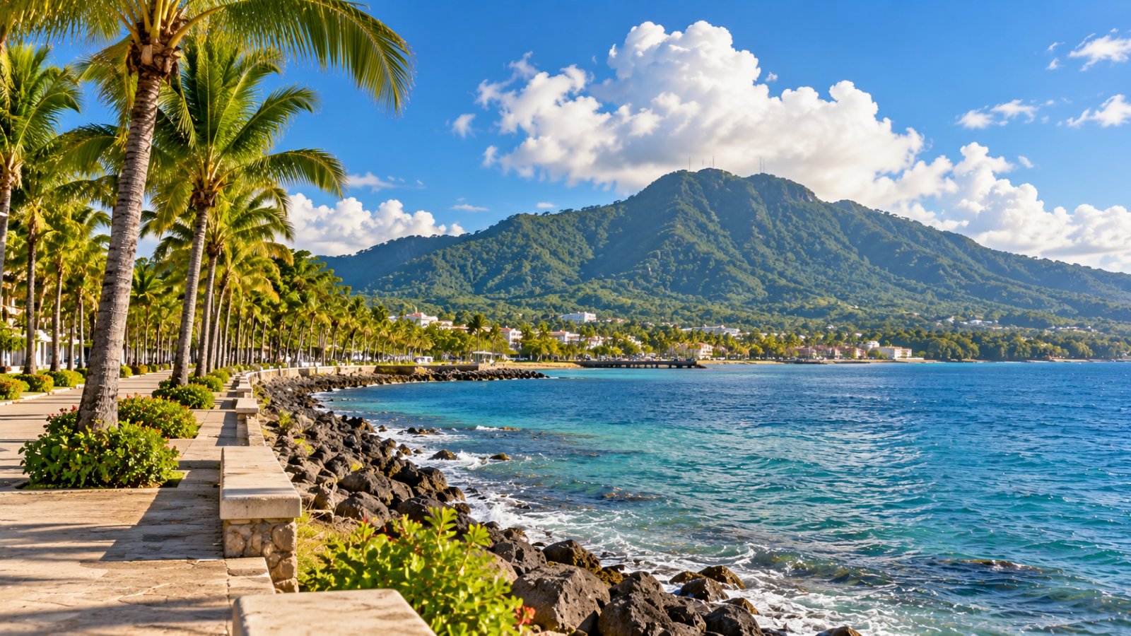 Il lungomare di Puerto Plata con le palme e la montagna Isabel de Torres sullo sfondo