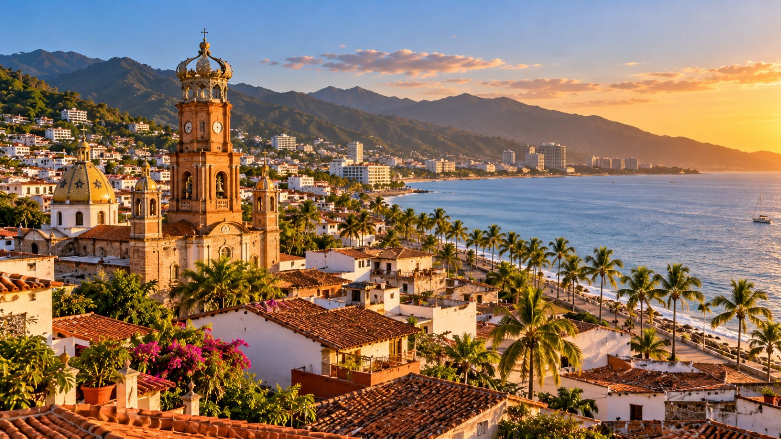 Il centro di Puerto Vallarta con la chiesa di Guadalupe e la sua corona, i tetti rossi e la baia