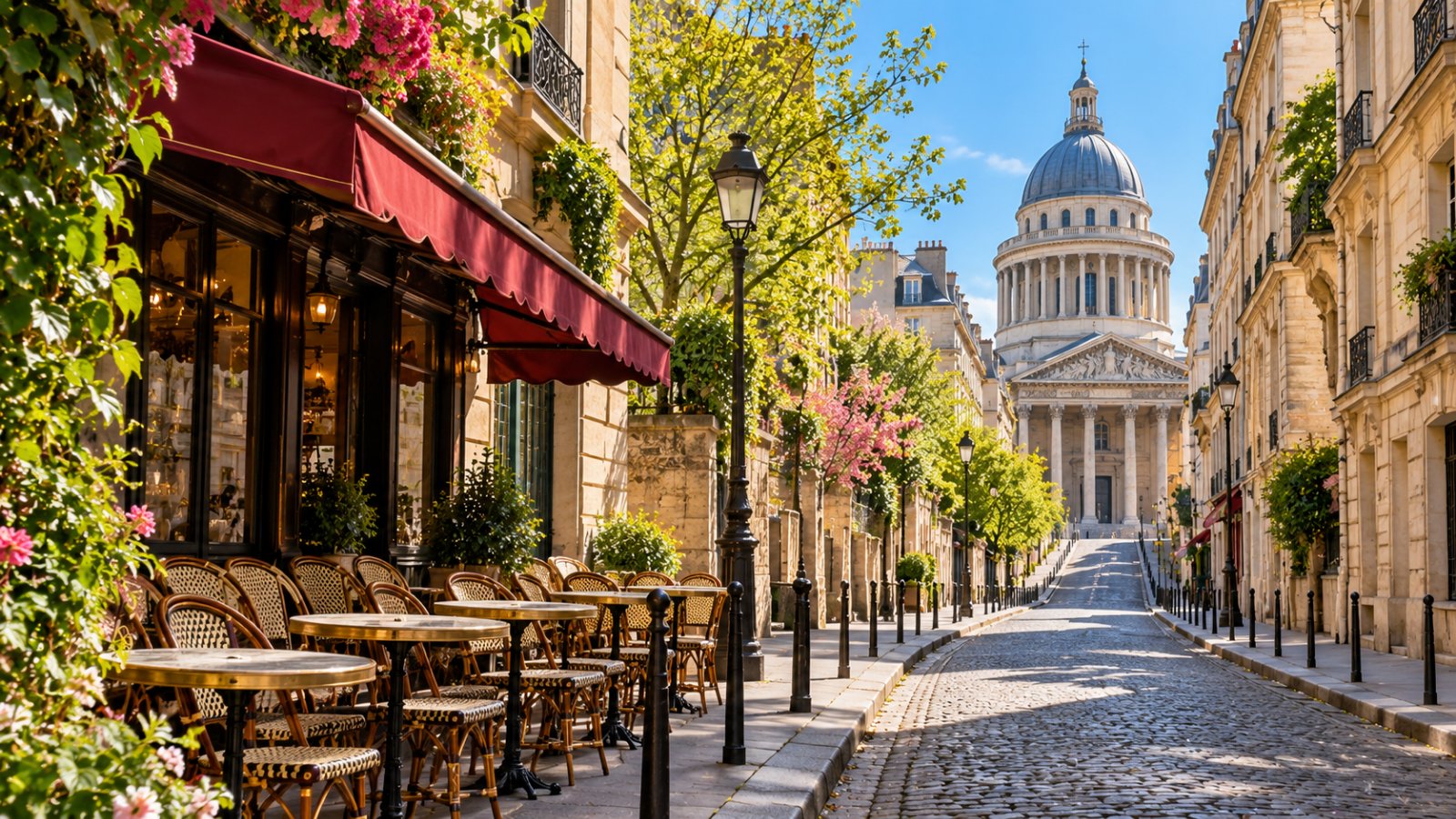 Una strada del Quartiere Latino con i tavolini di un caffè all'aperto e la cupola del Panthéon in fondo