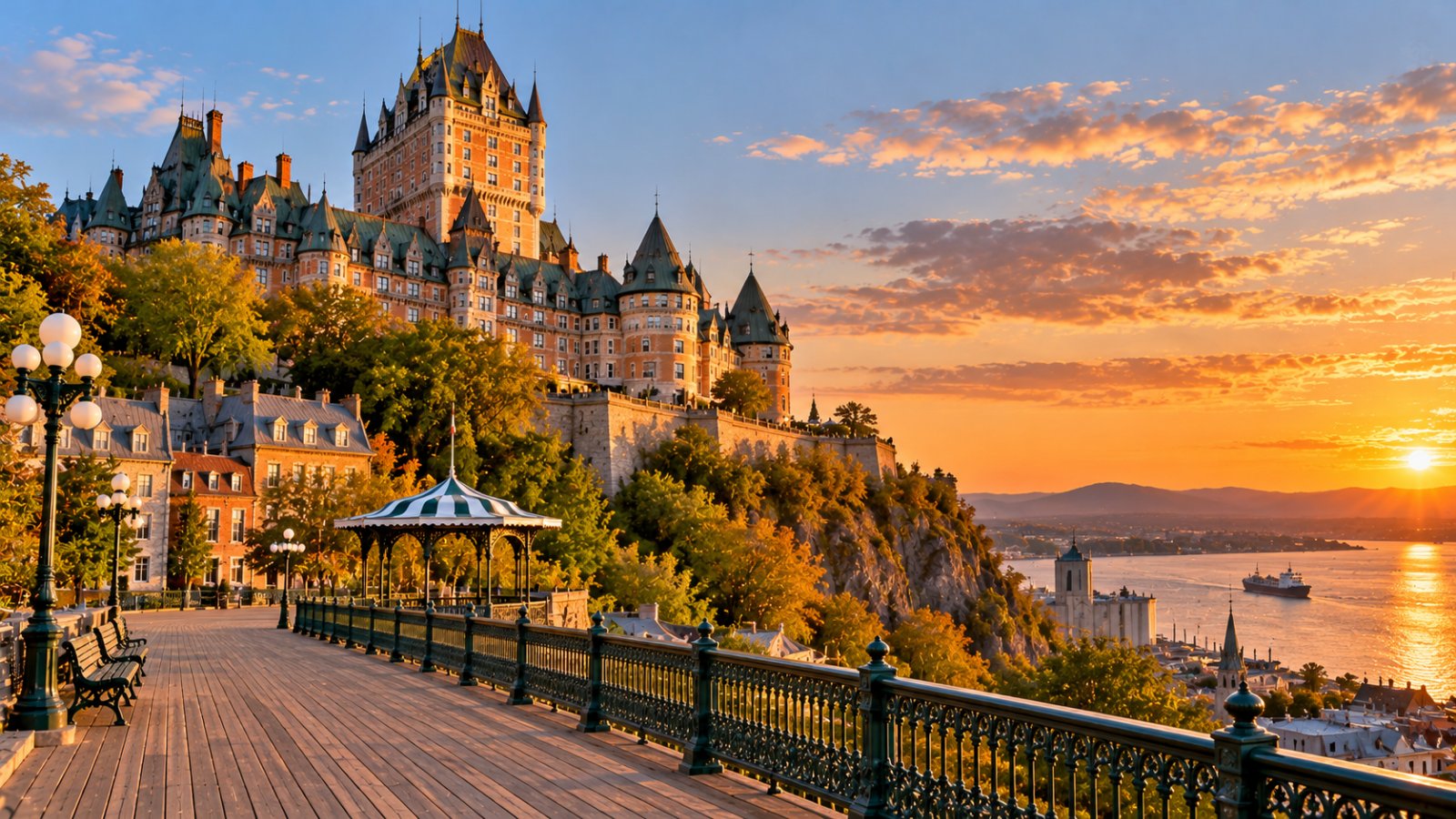 Il Château Frontenac sulla falesia del Vieux-Québec, con la Terrasse Dufferin e il fiume San Lorenzo nella luce del tramonto