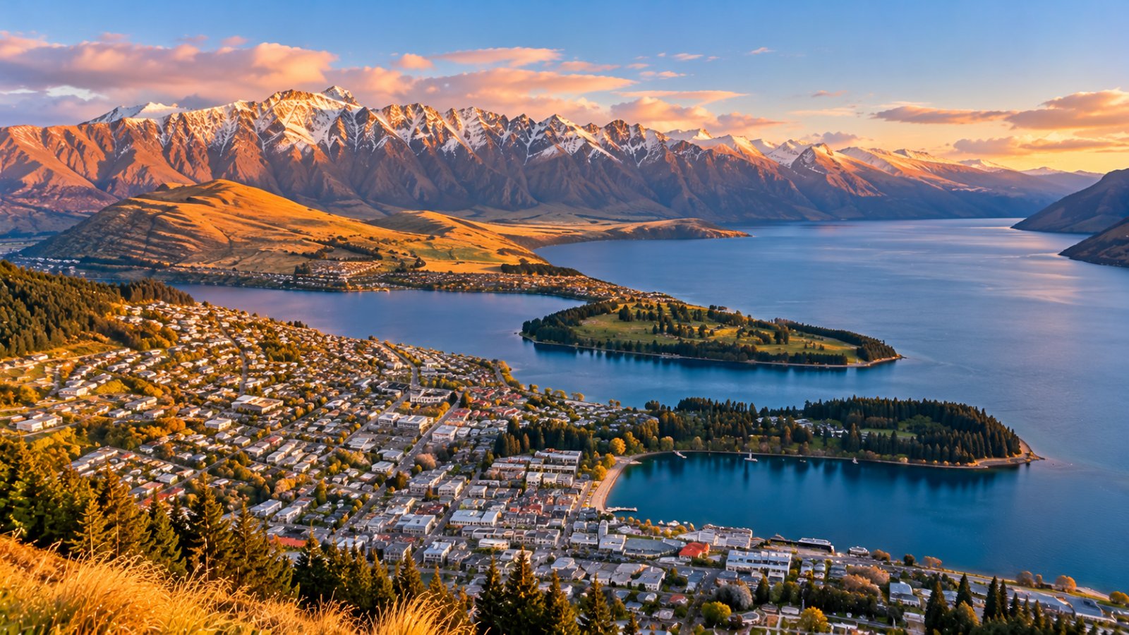 Il lago Wakatipu e la città di Queenstown visti dall'alto, con la catena innevata dei Remarkables sullo sfondo nella luce del tardo pomeriggio