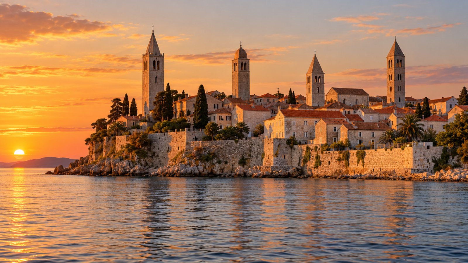 La città vecchia di Rab con i suoi quattro campanili in pietra allineati sopra i tetti rossi, affacciata sul mare, vista dal mare nella luce del tramonto