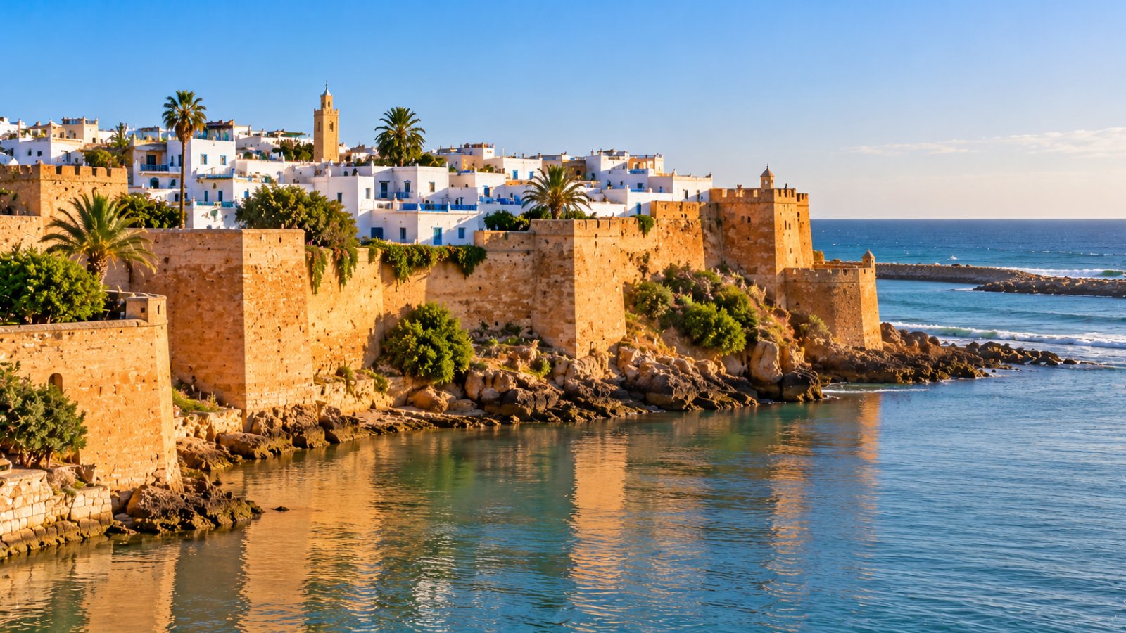 Le mura color ocra della Kasbah degli Oudaya a Rabat sulla foce del fiume Bouregreg, con le case bianche e azzurre e l'oceano Atlantico sullo sfondo