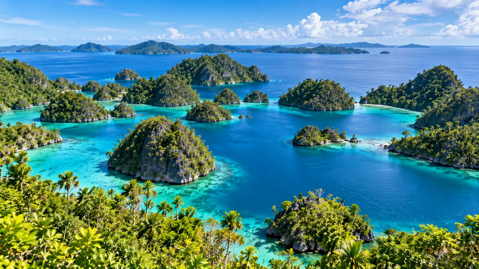 Gli isolotti calcarei coperti di foresta di Piaynemo, a Raja Ampat, sparsi in un mare turchese e blu, visti dall'alto del belvedere