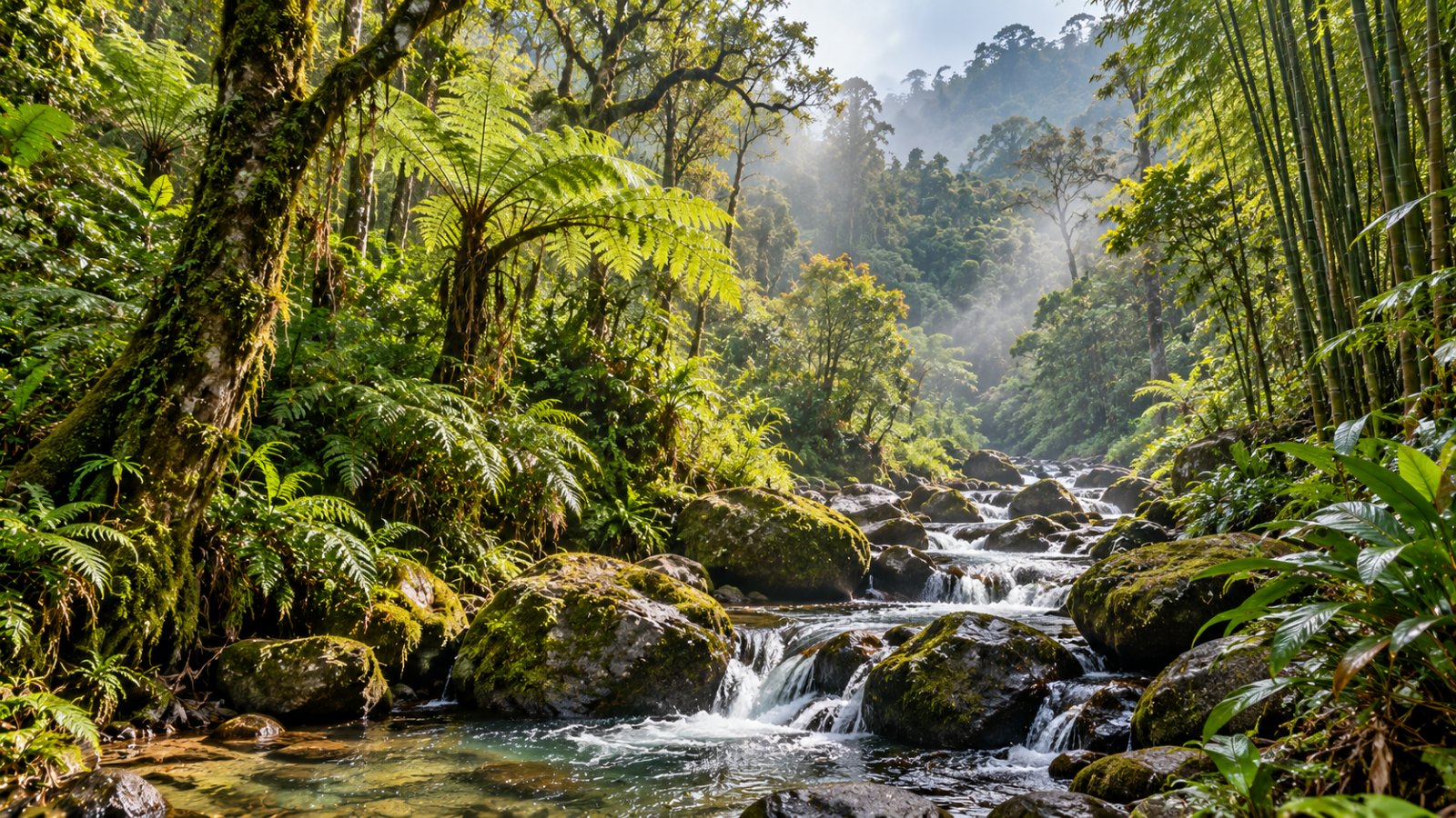 Foresta pluviale di montagna del parco di Ranomafana, con felci arboree, bambù e un torrente che scende tra rocce coperte di muschio nella nebbia del mattino