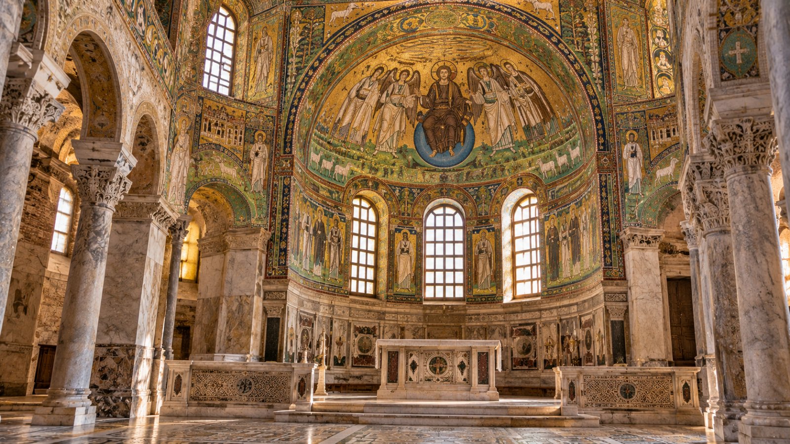 Interno della Basilica di San Vitale a Ravenna con i mosaici bizantini dorati e verdi dell'abside illuminati dalla luce che entra dalle finestre