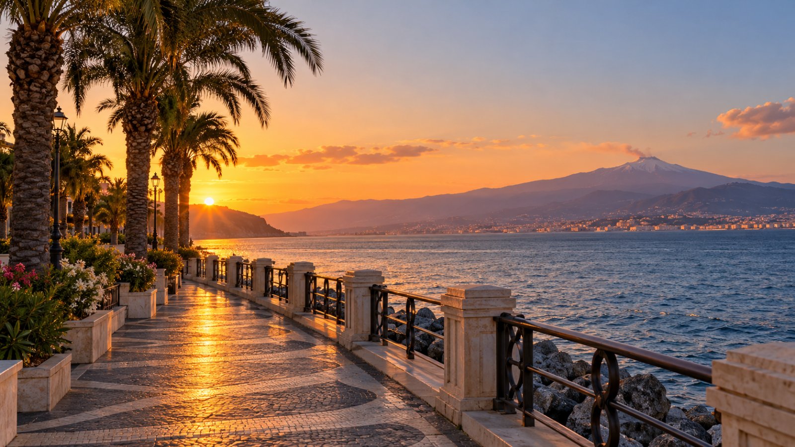 Il lungomare di Reggio Calabria al tramonto, con le palme, la balaustra sul mare e, oltre lo Stretto, la costa della Sicilia con l'Etna