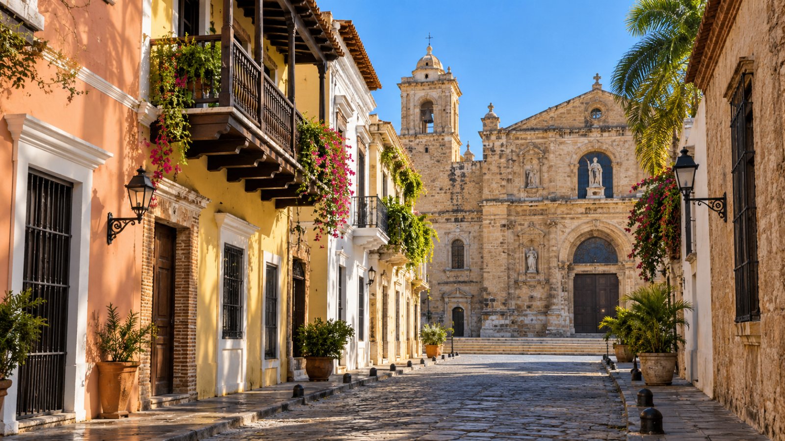 Una via acciottolata della Zona Colonial di Santo Domingo, con case coloniali color pastello e la facciata in pietra di una cattedrale sullo sfondo