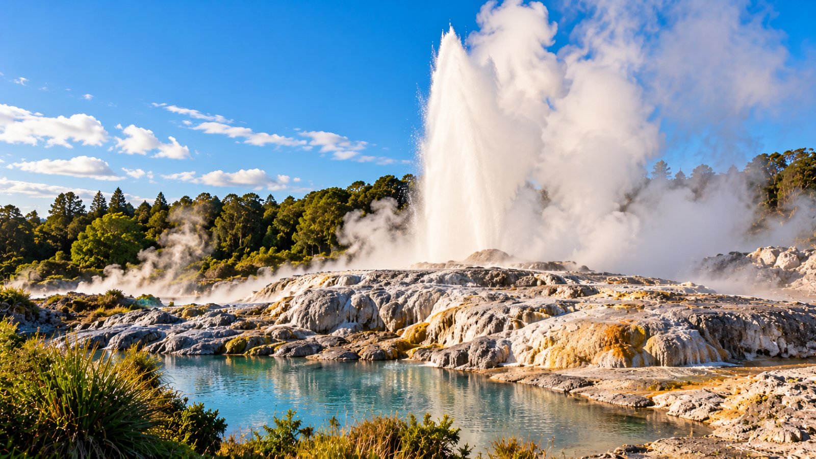 Il geyser di Pohutu in eruzione nella valle di Te Puia a Rotorua, con il vapore che sale sulle terrazze di silice nella luce del mattino