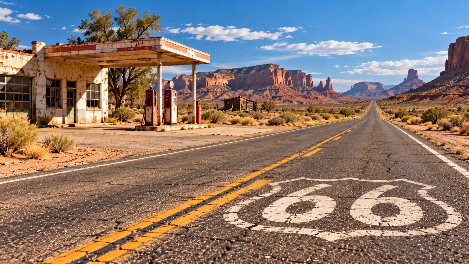 Un tratto della vecchia Route 66 nel deserto dell'Arizona, con lo stemma della strada dipinto sull'asfalto e una vecchia stazione di servizio sul ciglio