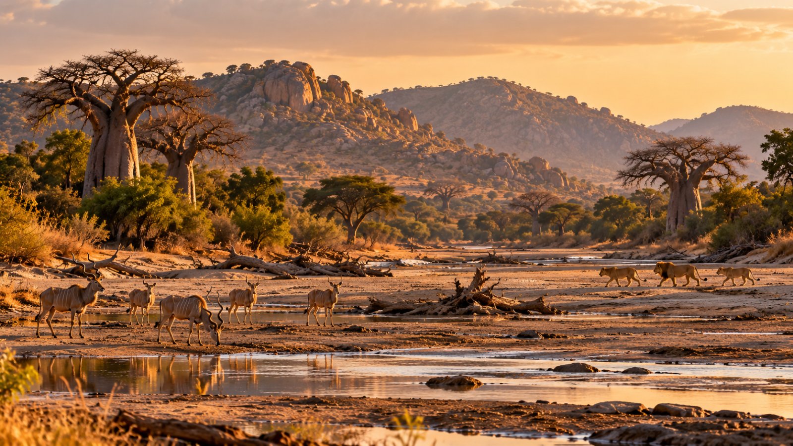Baobab e colline rocciose sul letto quasi asciutto di un fiume del Ruaha, con antilopi nella luce dorata