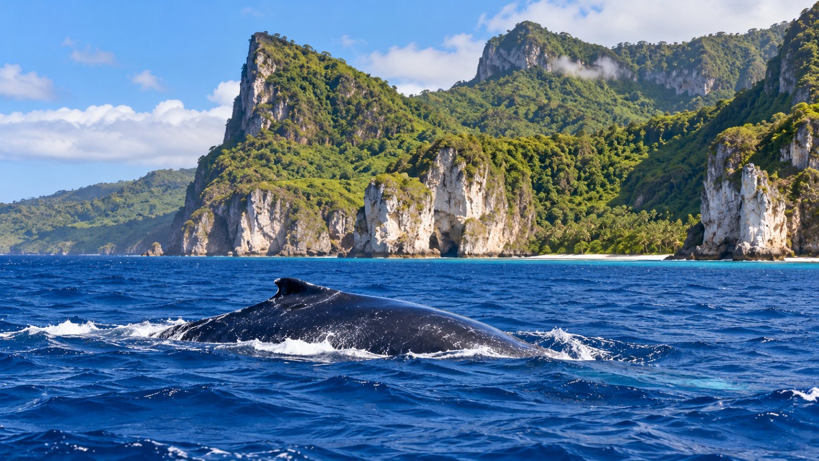 Una balena a gobba che emerge con il dorso nell'oceano blu davanti alle scogliere calcaree bianche e alla costa verde di Rurutu