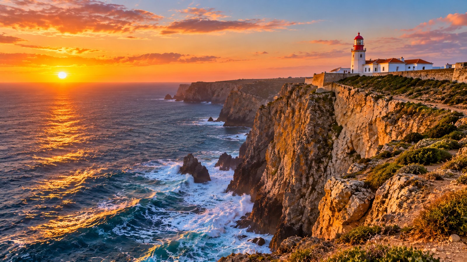 Un faro bianco dalla cupola rossa in cima a scogliere a picco sull'oceano Atlantico, illuminato dalla luce dorata del tramonto