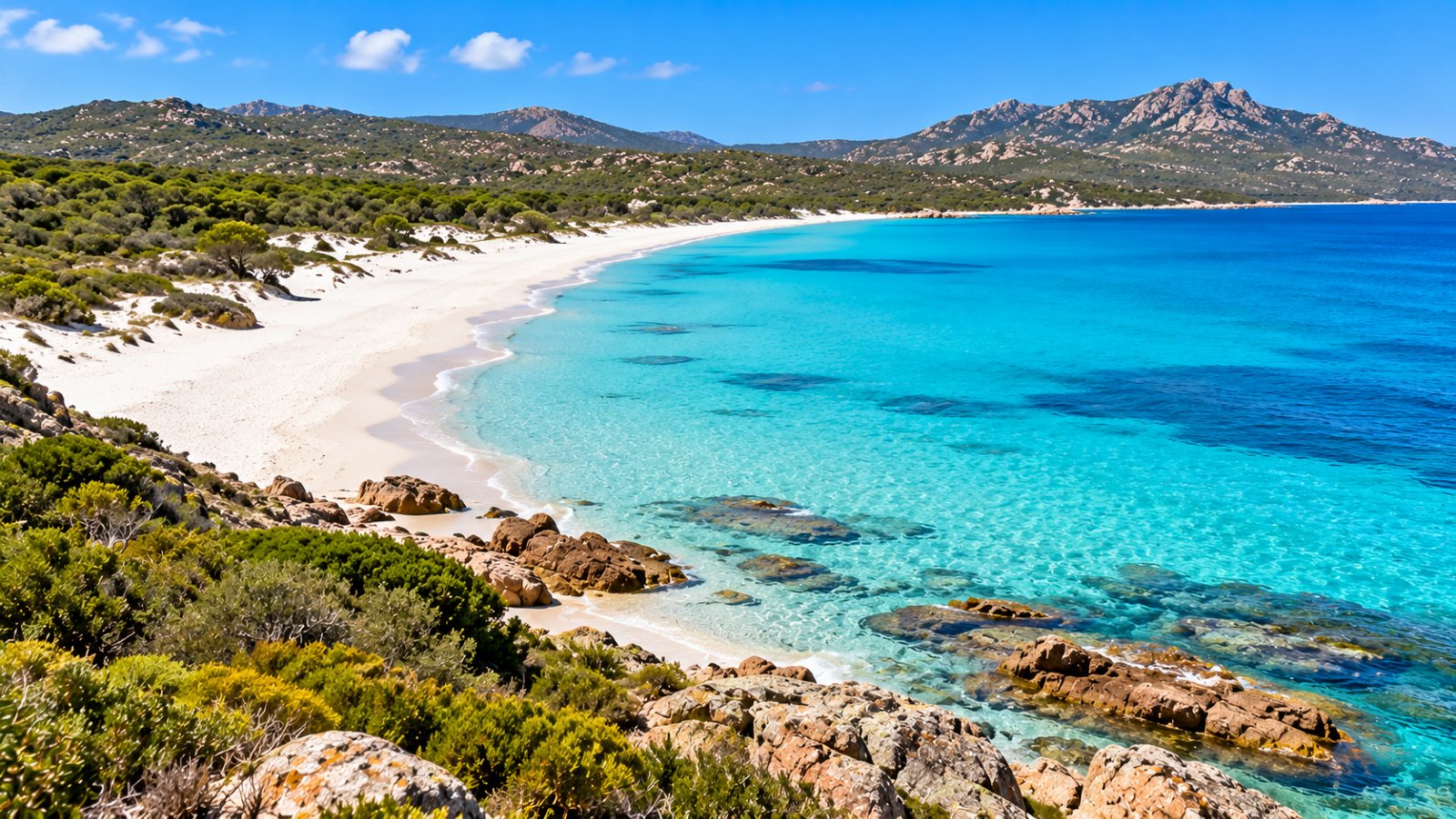 La spiaggia di Saleccia nelle Agriates, lunga sabbia bianca e acqua turchese, con la macchia mediterranea e le colline brulle alle spalle, senza costruzioni
