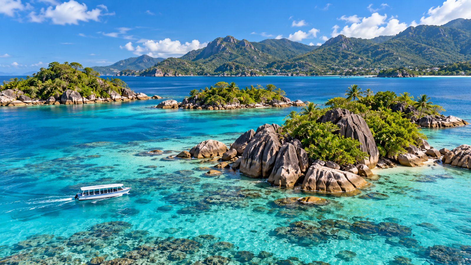 Il parco marino di Sainte Anne, isolette verdi di granito nel mare turchese davanti a Mahé, con una barca dal fondo di vetro