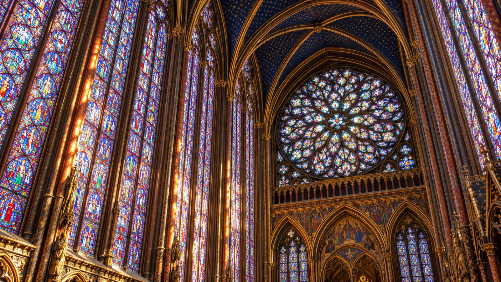 Le alte vetrate colorate della cappella alta della Sainte-Chapelle illuminate dal sole