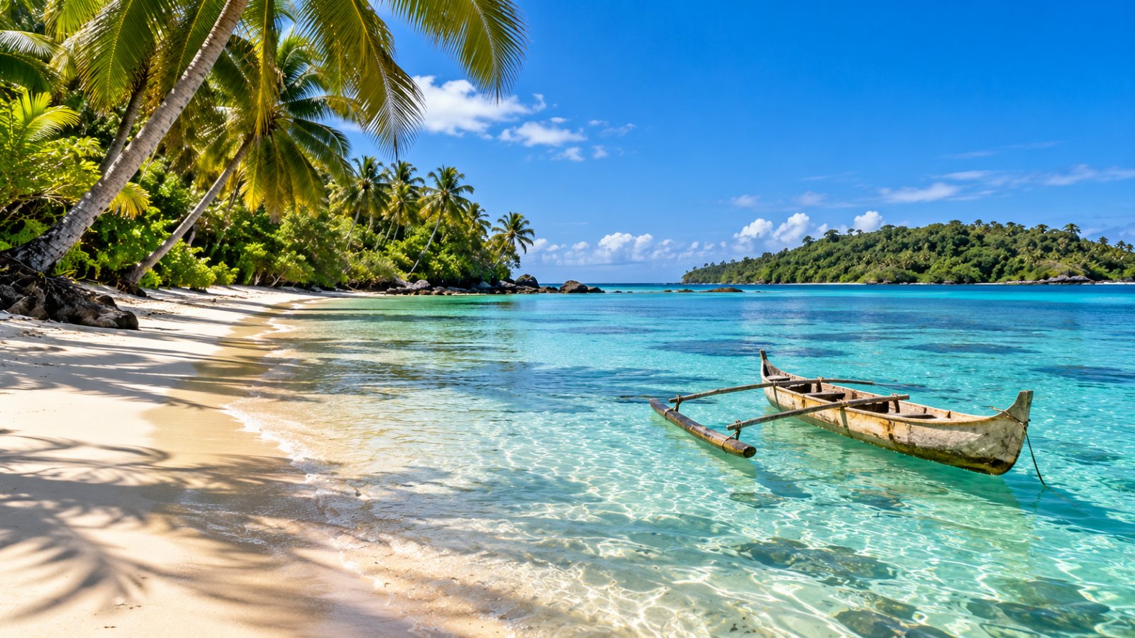 Una spiaggia orlata di palme sull'isola di Sainte-Marie, con una piroga sul mare calmo