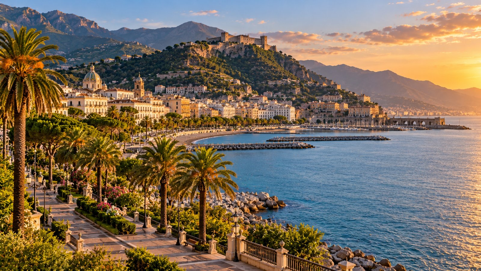 Il lungomare alberato di Salerno con le palme, il golfo e il castello Arechi sulla collina, nella luce dorata