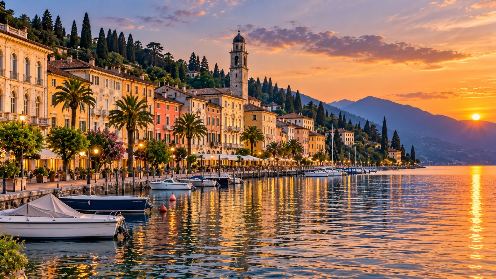 Un lungolago elegante con palazzi storici e barche ormeggiate al tramonto