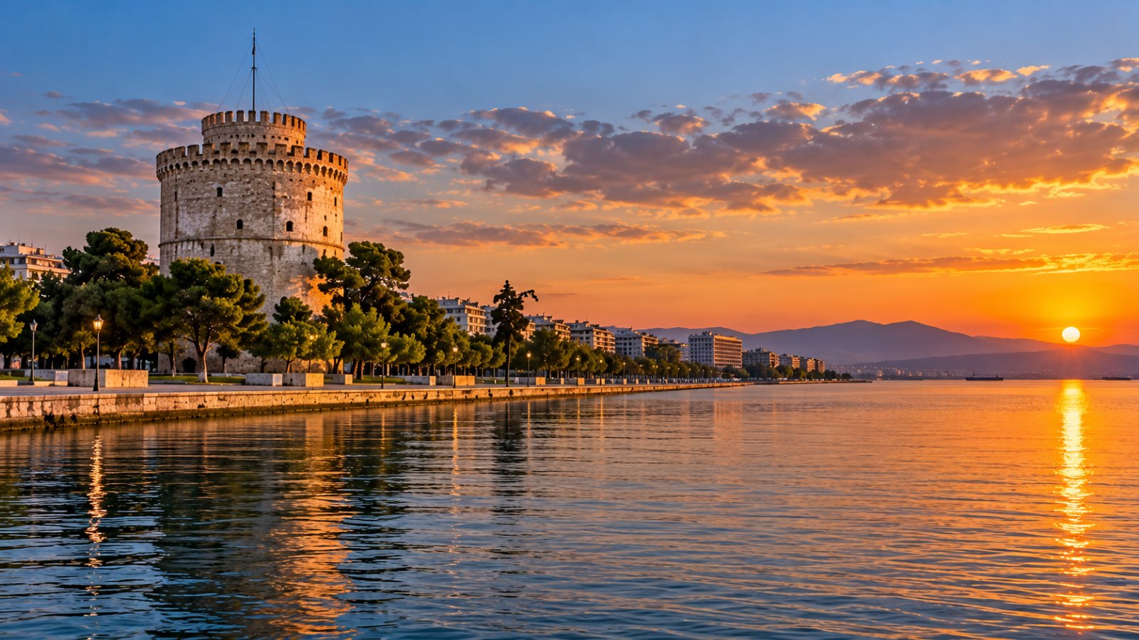 La Torre Bianca di Salonicco sul lungomare al tramonto