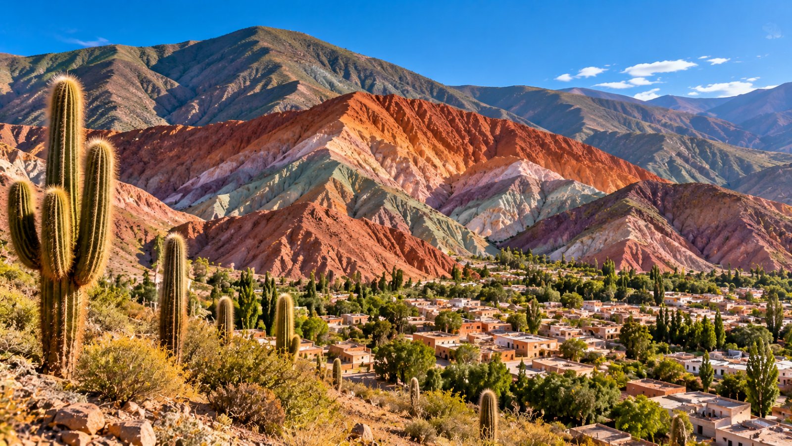 Il Cerro de los Siete Colores sopra Purmamarca, con le fasce di roccia rossa, verde e ocra, i cactus cardón in primo piano e il cielo azzurro della Quebrada de Humahuaca