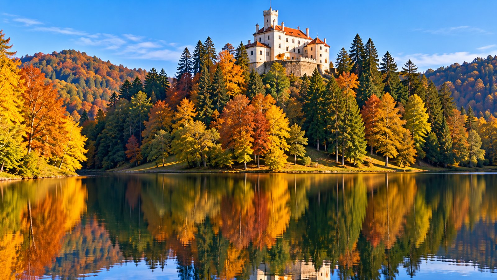 Il castello di Trakošćan su una collina boscosa che si specchia nel lago, con i colori dell'autunno