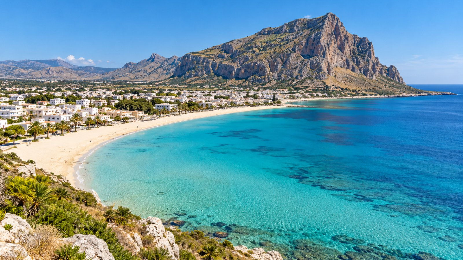La lunga spiaggia bianca di San Vito Lo Capo con l'acqua turchese e il monte Monaco alle spalle