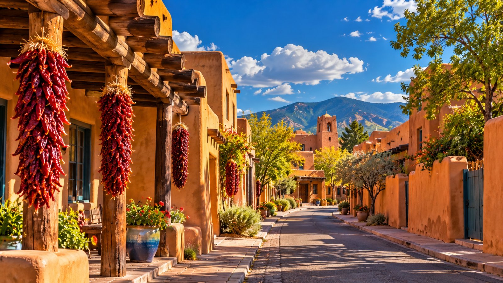 Una via di Santa Fe con edifici in adobe color ocra, trecce di peperoncini rossi appese e il cielo blu del New Mexico